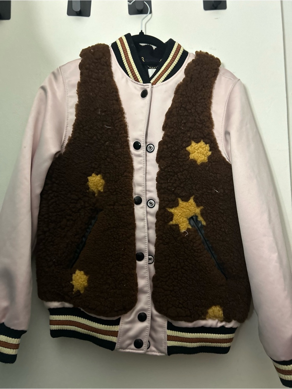 Coach Pink Shell with Brown Sherpa Panel Bomber Jacket